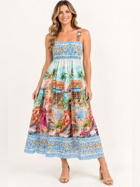 WISHING WAVES Tropical Scenic Print Smocked Maxi Sundress
